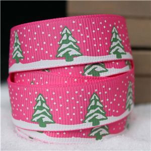 Go Grosgrain - 15mm Snow Trees /Hot Pink